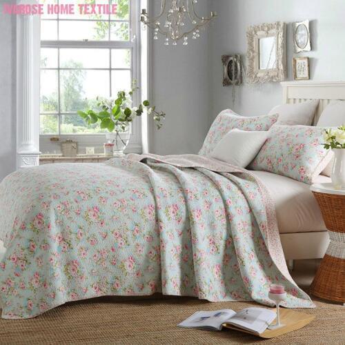 3 Pcs Quilt Coverlet Bedding Set Full Queen Cotton Quilted Blue Floral Flowers Pattern Vibrant Bedspread Bed Coverlets Cover Set