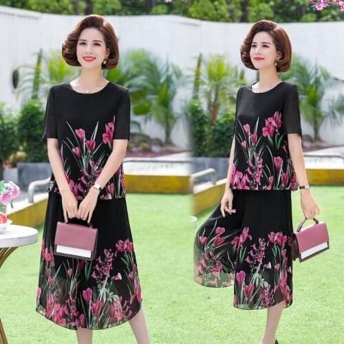 Mother Summer Suit Ladies Large Size 5XL Chiffon T-Shirt Pants Casual Loose Printing High Temperament Ladies Suit Two-Piece Set