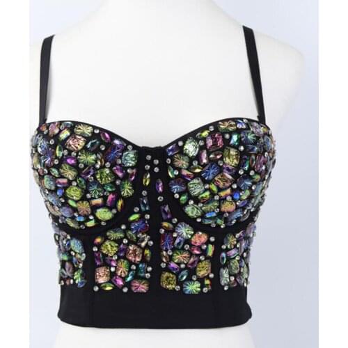 Colorful Rhinestone Corset Bead Bustier High Quality Push Up Bras Hand-Made Party Queen Nightclub Bar Stage Bra Vest Tops