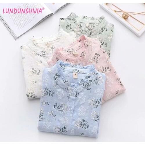 LUNDUNSHIJIA 2021 New Spring Autumn Fashion Cute Flowers Printed Blouse Long Sleeve Stand Collar Shirt Tops Girl 4 Colors