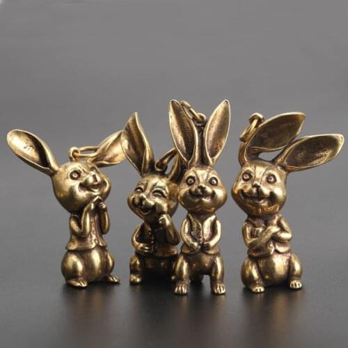 4 Styles Copper Rabbits Miniatures Figurines Small Ornaments Vintage Brass Animal Home Decor Desk Decorations Key Rings Pendants
