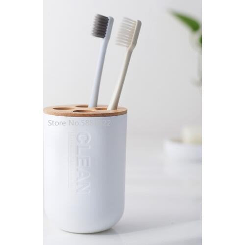 Multifunctional Plastic Toothbrush Cup with Bamboo Wood Toothbrush Holder Brush Holder Bathroom Accessories