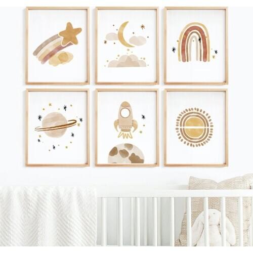 Cartoon Planet Rocket Rainbow Sun Moon Cloud Nursery Wall Art Canvas Painting Posters And Prints Decor Pictures Child Kids Room