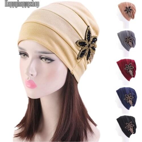 Muslim Turban Caps For Women Solid Color Beads Flower Beanies Chemo Hat Head Scarf Hijab Hair Loss Bandanas Hair Accessories