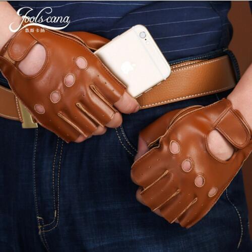 Joolscana spring Mens Genuine Leather Fingerless Gloves Black brown Half Finger gym Workout Fitness Driving Male Gloves fall