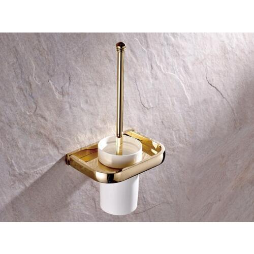 Wall Mounted Luxury Gold Color Brass Bathroom Toilet Brush Holder Set Bathroom Accessory Single Ceramic Cup mba845