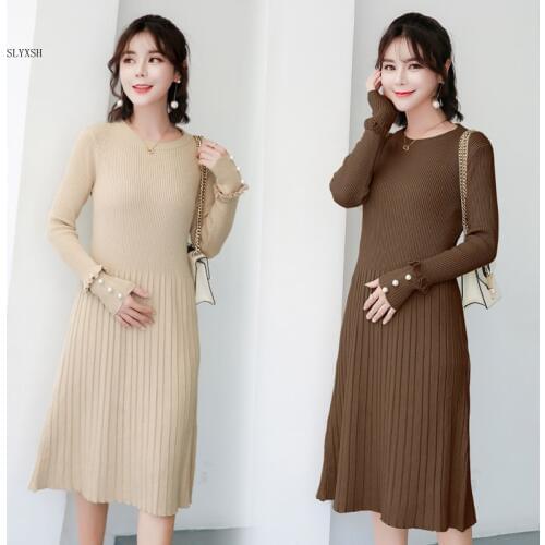 Maternity wear autumn winter long sweater knit bead sweater Knitted Maternity Dress Clothes for Pregnant Women Charming Dress