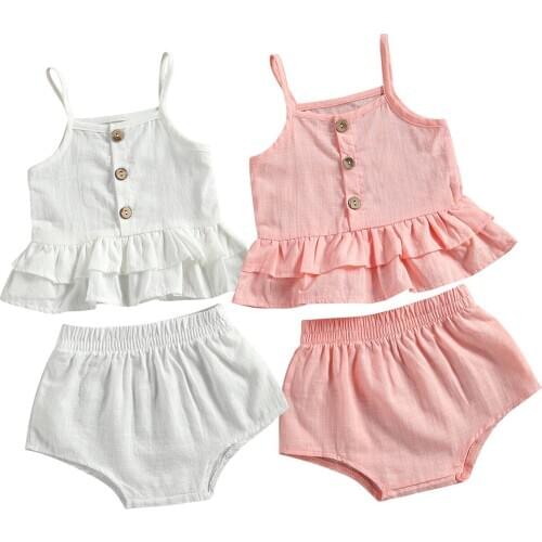 0-4Y Summer Kids Baby Girl Clothing Button Sleeveless Ruffle Top Vest+Shorts Summer Sweet Toddler 2pcs Solid Color Set