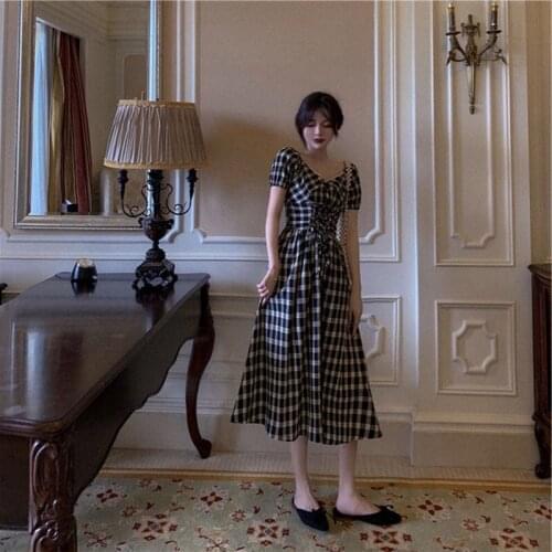 Summer New Lattice Pattern Elegant Maxi Dress Vintage Square Collar Female Franch Dress Casual Holiday Lady Vestidos
