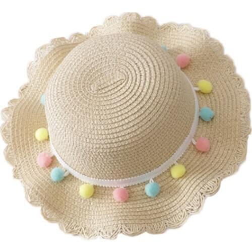 Kids Girls Large Wide Brim Straw Woven Sun Protection Beach Hat Colorful Pompom Ball Summer Floppy Bucket Cap Portable Handbag