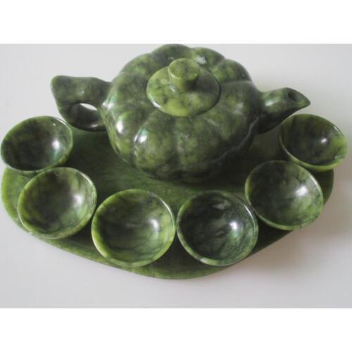 Christmas decorations for home+100% Chinese Handwork Carving Green Jade stone Tea pot Sets 1 Pot 1 Plate 6 Cups