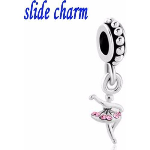 Slide charm Free shipping New European fashion dancing woman inlaid pink crystal pendant charm beads fit Pandora bracelet