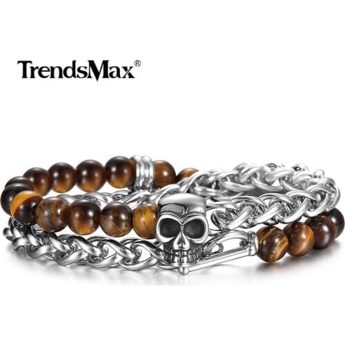 Unique 8mm Yellow Tiger Eye Bead Skull Charm Bracelet Stainless Steel Wheat Link Wristband for Men Boy Cool Jewelry Gift DB289