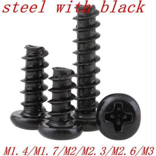 1000pcs m1.4 m1.7 m2 m2.3 m2.6 m3 black pan round head flat tail end self tapping screw