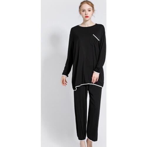 Womens Modal Pajamas Set Solid Color Sleepwear 2Piece/Suit Full Sleeves Shirt Pant Mom Casual Black Soft Homewear