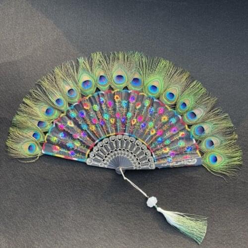 5pcs Lolita Anime Peacock Feather Fan Folding Retro Hand Fan Art Craft for Wedding Party Ball Costume Dancing Home Decoration