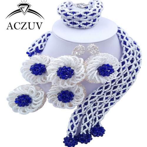 ACZUV Fashion Royal Blue and White Crystal Jewelry Set African Wedding Beads Nigerian Necklace Big Earrings Sets C3F020