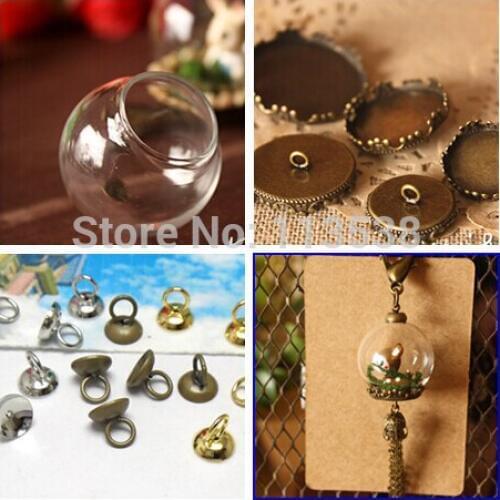 Free Ship! 20sets/lot 25mmx15mm(opening) Glass globe & base & cap connector set glass bottle glass vials pendant DIY
