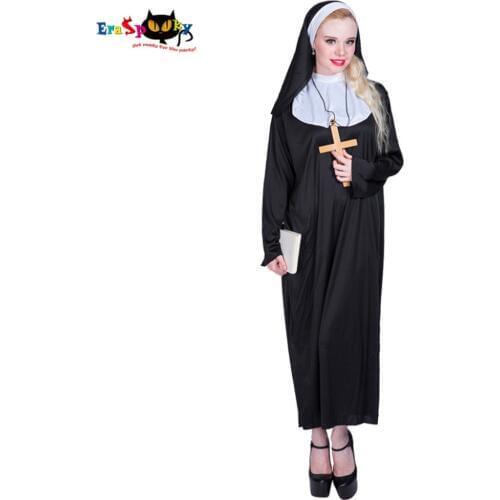Nuns Dress Robe Women Virgin Mary Fancy Dress Costume Sister Court Maid Halloween Costume Vintage Religion Black Hooded Gown