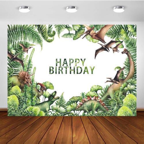Watercolor Dinosaur Backdrop Green Jungle Plant Jurassic World Park Dinosaur Theme Birthday Photography Background Decoration