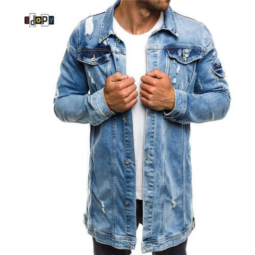 Idopy Mens Denim Jacket Bomber Jacket Long Street Vintage Biker Slim Fit Distressed Hole Ripped Cowboy Male Jean Jacket and Coat