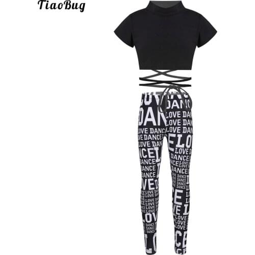 TiaoBug Summer Girls Round Neck Short Sleeve Dance Sport Suit Crop Top Sash Tie Cross Waist With Leggings Tights Sets