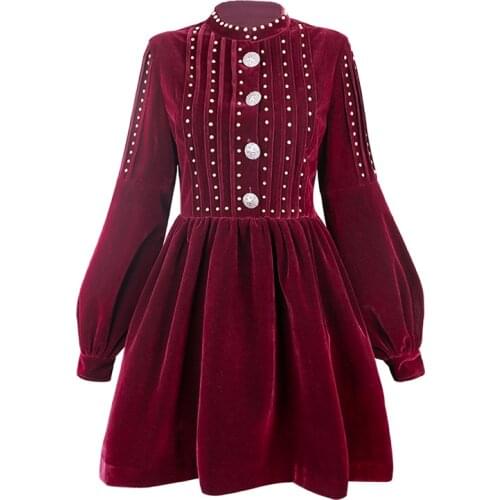 PERHAPS U Black Wine Red Velvet Rivet Button Stand Collar Puff Sleeve Long Sleeve Short Mini Dress Elegant Winter Autum D0890