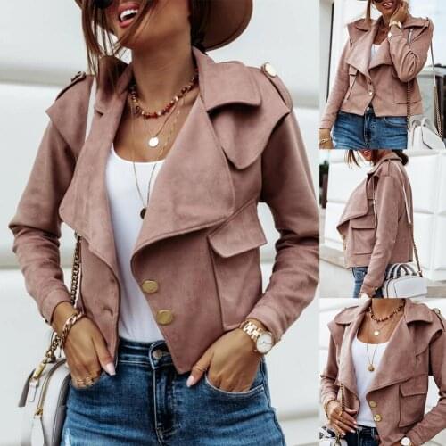 Fashion Women Streetwear Autumn Winter Solid Color Lable Coat Suede Pockets Buttons Short Jacket
