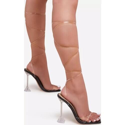 Fashion Crystal Heel womens sandals New summer Sexy Transparent lace up high heels womens shoes stiletto Roman sandals