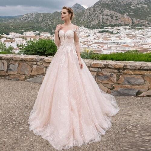 New Arrivals Shiny Pink Wedding Dresses A-line Vestido De Noiva Half Sleeve Lace Up Back Appliques Gowns China Mariage