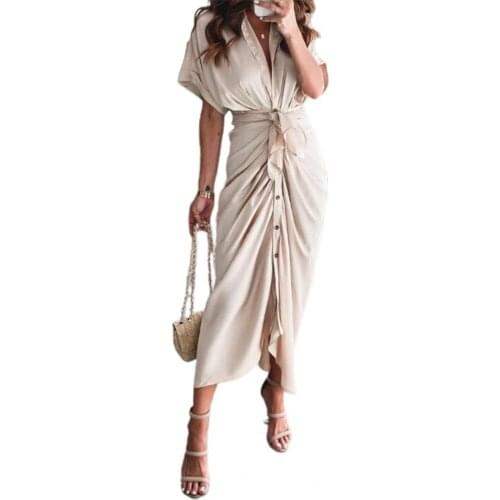 Short Sleeve Maxi Dress High Waist Women Buttons Solid Color Draped Tunic Dress Sundress Glitter Shiny Party Slit Tunic Dresses