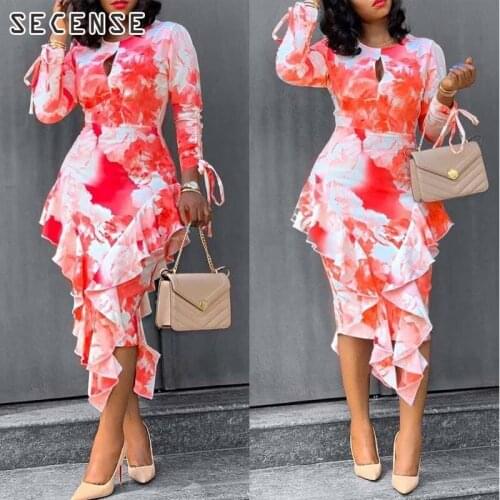 Dresses Long Sleeve Ruffles O-Neck Floral Printed Dress Slim Spring Sexy Cut Out Party Club Bandage Afrian Midi Dress Plus Size