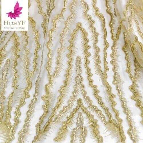 Popular Gold Handwork Beaded Tulle Lace Dress Fabric With Pearls For Bridal 2021 HY1363-1
