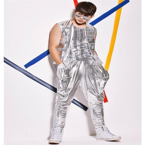 R60 Silver sequin vest dj ballroom dance costumes party show outfits singer wears dress outfits stage clothe prom vest pants bar