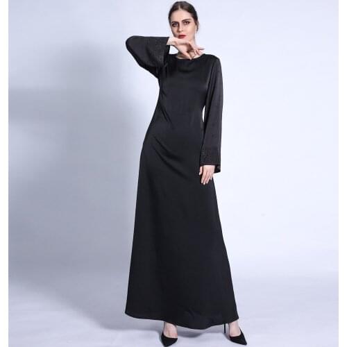 Ramadan Eid Kaftan Satin Long Dress Muslim Arab Abaya Women Solid Long Sleeve Maxi Robe Diamonds Islamic Turkey Middle East Gown