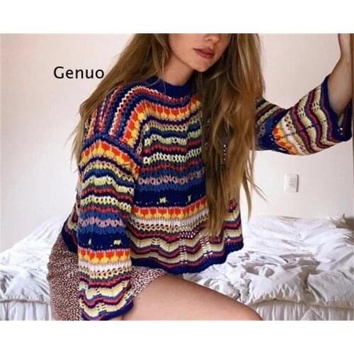 Multi Color Blocked Knitted Pullover Women Summer Casual Flare Sleeve Hollow Out Sweater Cool Girls Fashion Jumper 2021