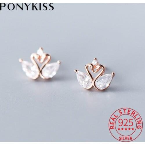 PONYKISS 100% 925 Sterling Silver Zircon Swan Stud Earrings Women Party Fashion Elegant Earrings Accessory Birthday Delicate G