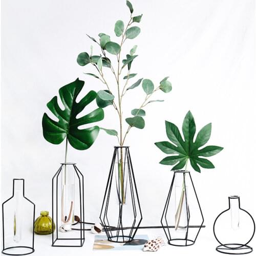 Nordic style Geometric Design Iron Art Vase with Glass Tube Tabletop Vases Flowerpot Home Wedding Decoration Accessories