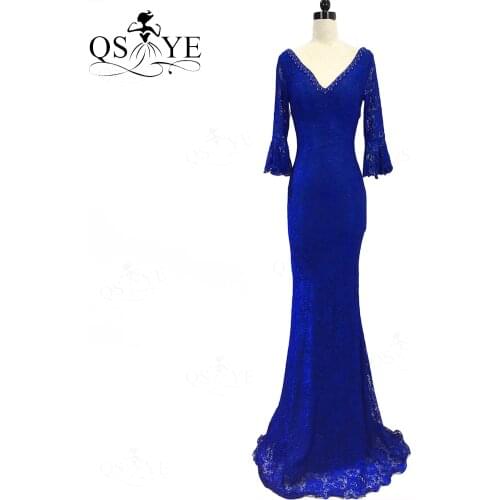 Stretch Lace Royal Evening Dress Long Sleeves Party Dress Open Low Back Crisscross Formal Dress Bead Pearls V Neck Women Mermaid