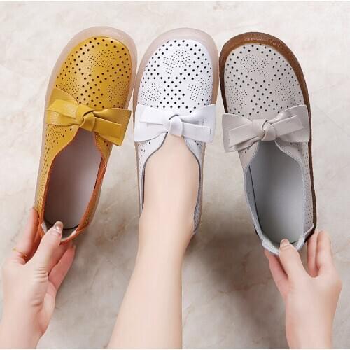 Leather summer hollow womens shoes flat bottom new casual shoes single shoes female round head soft bottom mother shoes bow
