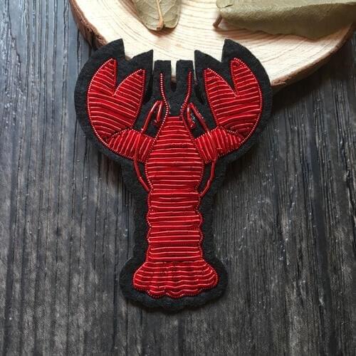 High quality luxury indiasilk embroidered badge red shrimp design brooch clothes pin badges for clothes broches para ropa