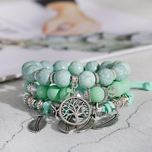 Womens Charm Boho Green Stone Beaded Bracelet Set Ethnic Silver Tree Pendant Bracelets & Bangles Vintage Jewelry Femme