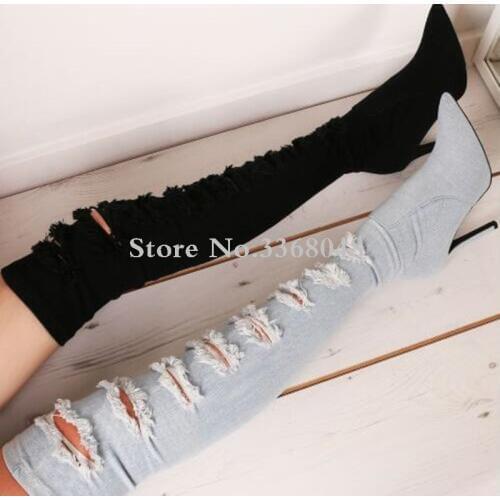 2018 Ripped Denim Woman Long Boots Spring And Autumn Sexy Pointed Toe Over The Knee Boots Stiletto High Heels Hollow Out Shoes