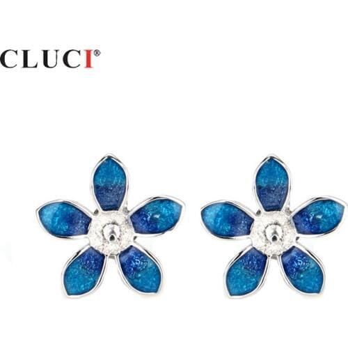 CLUCI 925 Sterling Silver Blue Flower Stud Earrings for Women Silver 925 Pearl Earrings Mounting Jewelry Flower Earrings SE036SB