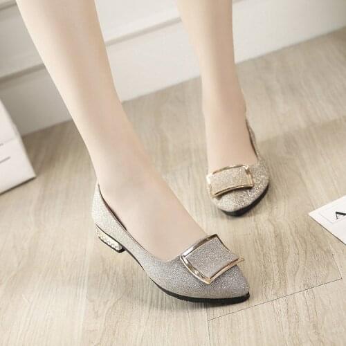 2021 Shoes Women Women Sequins Shallow Square Buckle Slip On Low Heel Shoes Pointed Single Shoes Lady leather Thick Single Shoe