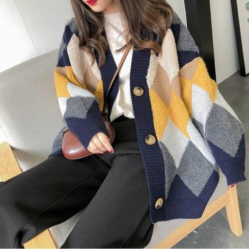 Colorfaith Womens Sweaters Autumn Winter 2020 fashionable Casual Plaid V-Neck Cardigans Single Breasted Puff Sleeve Loose 65H