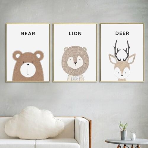Child Nursery Wall Art Canvas Poster Lion Bear Fox Deer Animals Painting Cartoon Decorative Picture Nordic Kids Bedroom Decor