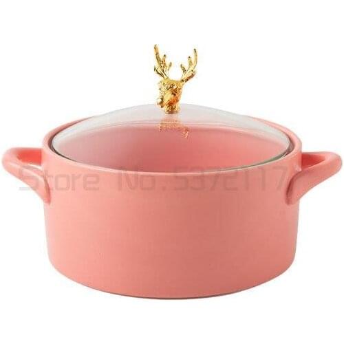 Nordic Ceramic Noodle Bowl With Transparent Deer Head Lid 850ml Household Portable Binaural Soup Bowl Microwave Oven Use