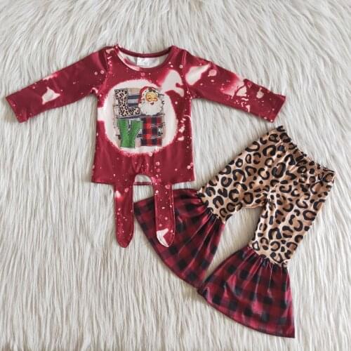 Lovely Girls Outfits Long Sleeves leopard Bell Bottoms Pants set Christmas outfits Boutique Kids Clothing RTS wholesale