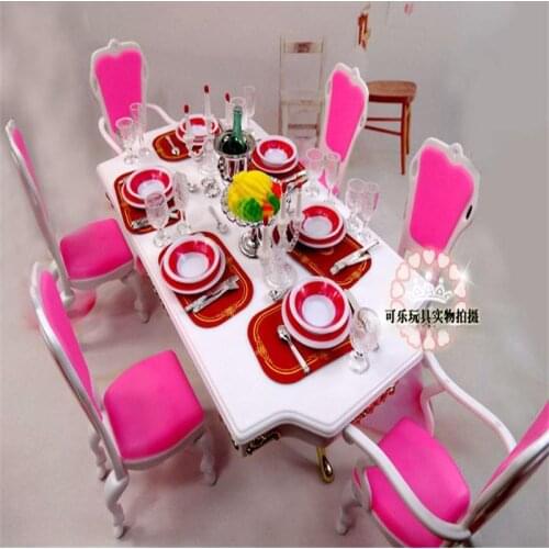 For Barbie Doll Furniture Accessories Plastic Toy Pink Dining Table Tableware Candle Holders Chair Gift Girl DIY Christmas